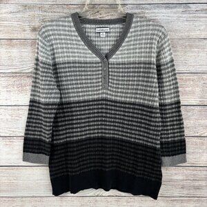 Croft & Barrow Sweater Black Gray Striped V-Neck Cable Knit Ribbed 3/4 Sleeve M